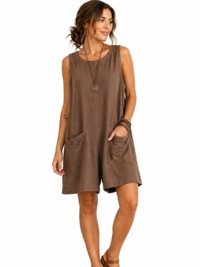 Lagenlook Brown Sleeveless Romper Womens Small Oversized Tunic Pockets Minimalis